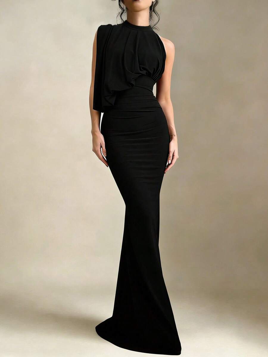 Elegant Sexy Ruffle Decor Fishtail Hem Party Dress, Cocktail Gown, Wedding Guest Bridesmaid Dress, Formal Ball Gown Spring Black - Black - View 1