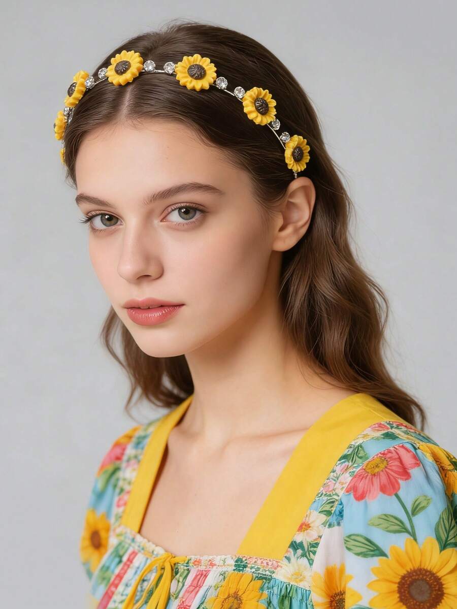 1 chiếc băng đô cài tóc hình hoa hướng dương đính đá cho nữ, kiểu Bohemian, phù hợp cho các dịp thường ngày, du lịch, Hawaii, nghỉ mát biển.