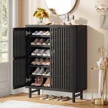 LITTLE TREE 29.53" 6-Tier Shoe Cabinet With Shutter Doors For Small Spaces,Retro Freestanding Shoe Organizer With Adjustable Shelves, Space-Saving Shoe Rack For Entryway Hallway Closet Apartment,Black&Dark Walnut - 黑色 - 查看 3