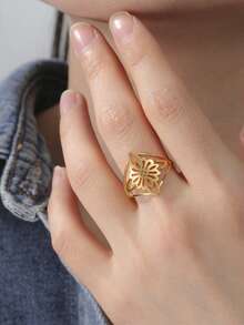 1pc Minimalist Stainless Steel Flower Witch Knot Adjustable Ring, Fashion Lucky Talisman Gift For Friends - Simple Series - View 8