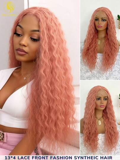 Loose Curly Pink Synthetic 13x4 Lace Front Wig For Women Gueless Peach Pink Long Water Wave 13x4 Lace Front Wigs Pre Plucked With Baby Hair 24 Inches 150 Density City.Uiiavaitauc.