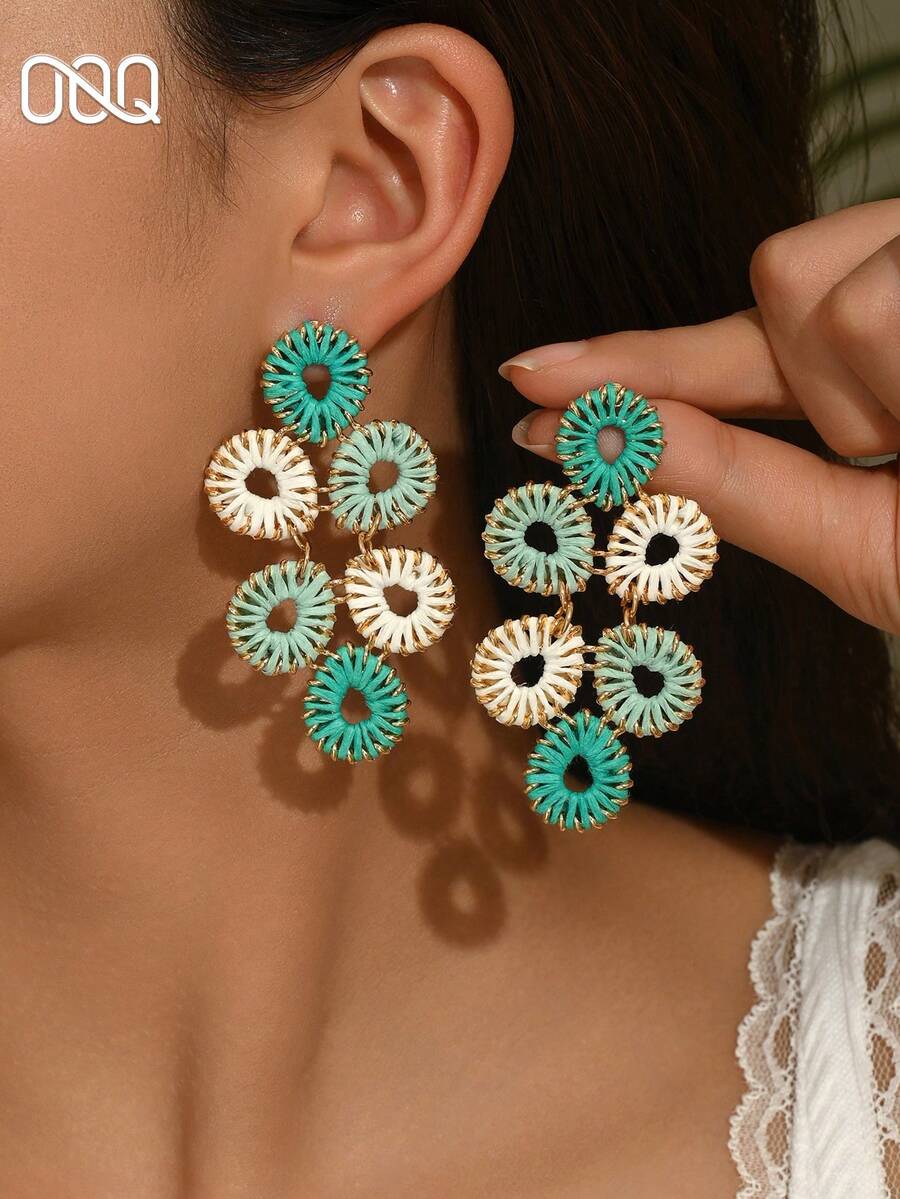 OOQ 1pc Summer Vacation Style Handmade Woven Geometric Hoop Earrings, Dopamine-Inspired Colorful Minimalist Design, Suitable For Daily Wear, Mother's Day, Valentine's Day, Beach Vacation (Handmade, Random Direction And Shape) - Green - View 1