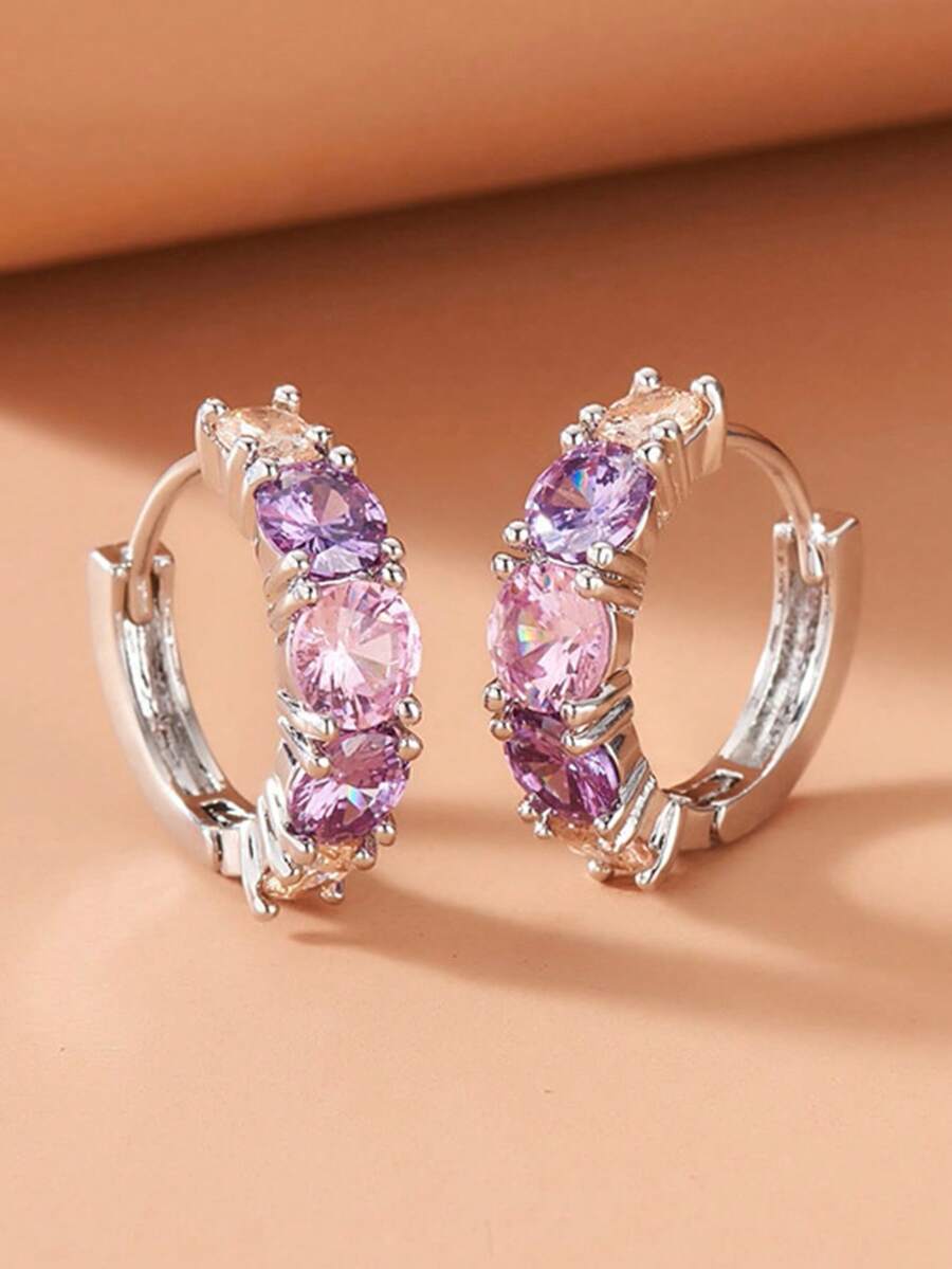 2 piezas Pendientes de Botón de Cobre con Cubic Zirconia, Diseño Minimalista Adecuado para Uso Diario - Plateado - Ver 1