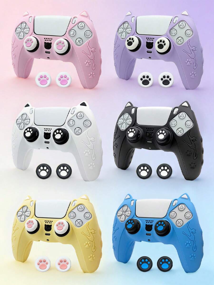 Cute Cat Paws Controller Skin Cover For 5 Controller, 1 Controller Protector Case+2 Customised Thumb Grips Caps