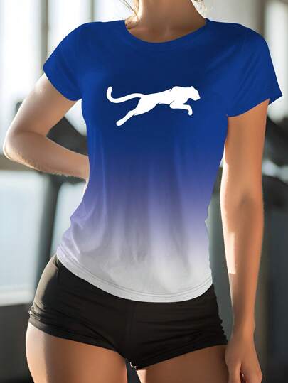 Camiseta de manga corta, cuello redondo, casual y transpirable para mujer, con estampado degradado, mezcla de poliéster, lavable a máquina, adecuada para deportes de verano, ocio y actividades de fitness