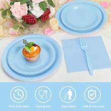 250 piezas de platos de papel azul claro y servilletas incluyen platos de fiesta de papel de 9'' platos de postre de 7'' vasos servilletas tenedores para baby shower boda cumpleaños - Azul claro - Ver 3