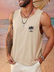 1pc Men's Summer Casual Coconut Tree & English Print Round Neck Tank Top - Apricot - View 4