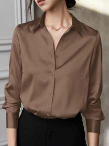 Áo sơ mi satin nữ kiểu dáng thường ngày, áo sơ mi cài nút cổ bẻ thanh lịch, thích hợp cho công sở và mặc thường ngày, mùa xuân và mùa hè. - Màu nâu Sô-cô-la - Xem 11
