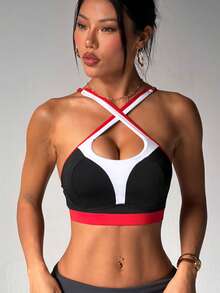 Sujetador deportivo de punto con tirantes ajustables y desmontables, y espalda de tipo racer, de unicolor para mujeres - Multicolor - Ver 3