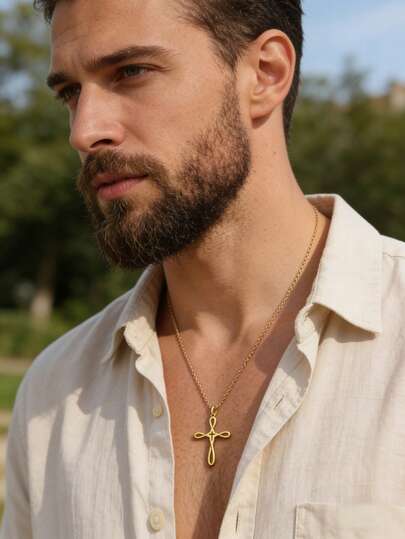 Men's Infinity Cross Pendant Necklace, Minimalist Gold Plated Stainless Steel Jewelry, Religious Christian Gift For Him