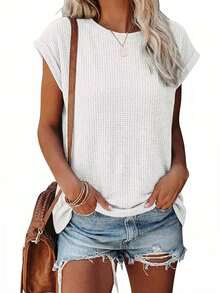 3件套女士舒适休闲上衣，优雅宽松基础款衬衫，时尚圆领短袖T恤 - 黑白灰 - 查看 4