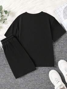 New York Brooklyn Pattern Round Neck T-Shirt + Shorts Set, New Summer Fashion Comfortable Boys Outfit - Black - View 2