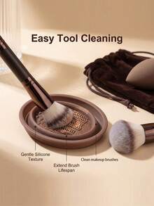 Bộ trang điểm đa năng | Cọ + Bông mút + Dung dịch vệ sinh + Túi đựng | Dụng cụ làm đẹp tiện lợi khi đi du lịch - màu nâu - Xem 3