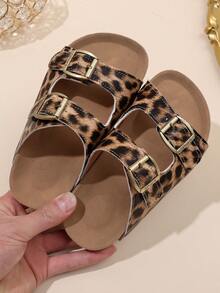 Girls' Adjustable Lace-Up Leopard Plaid Print Casual Soft Cork Sole Slippers - Brown - View 6