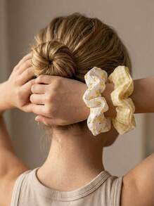 5pcs Sweet & Lovely Yellow-Colored Hair Scrunchies Set For Girls, Suitable For Daily Life And Vacation - Yellow - View 8