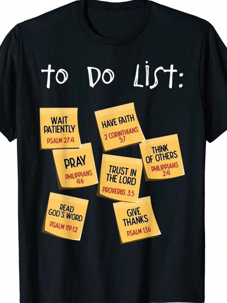 Camiseta para hombre con versículos bíblicos cristianos sobre tareas espirituales diarias (espera, oración, gratitud) - Camiseta negra con citas bíblicas en blanco y amarillo (Salmo 136:1, 1 Corintios 10:31, Proverbios 18:15, 1 Tesalonicenses 5:18) - Camiseta transpirable de corte regular, adecuada para la iglesia, estudio bíblico, fe diaria - Ropa cristiana lavable, jersey religioso, ropa inspiradora, ropa casual, tela cómoda, vestimenta de adoración, camiseta ligera de verano, ropa de fe, comunidad de fe. - Negro - Ver 1