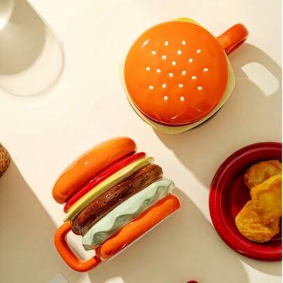 Hamburger Shaped Ceramic Cup, Multi-Layer Hamburger Exterior Design, Bright And Fun Colors, Convenient To Eat And Watch, High-Temperature Fired Ceramic Material, Smooth And Fine Glazed Surface, And Durable | Suitable For Ramen, Pasta, Salad, Breakfast, Desserts And Various Meals, Suitable As Birthday Gift, Christmas Gift