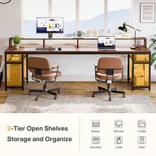 LITTLE TREE 78.74" Two Person Computer Desk,Industrial Double Office Desk With Monitor Stand & Storage Shelves, Workstation With Metal Frame Gaming Desk For Home Office Gaming Room,Apartment, Rustic Brown - Nâu và đen mộc mạc - Xem 6