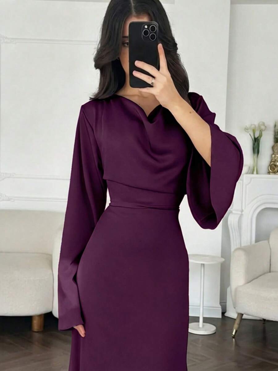 Elegant Women's Purple High Neck Dress With Long Bell Sleeves And A-Line Flowy Skirt, Suitable For Party Wear Spring - Purple - View 1
