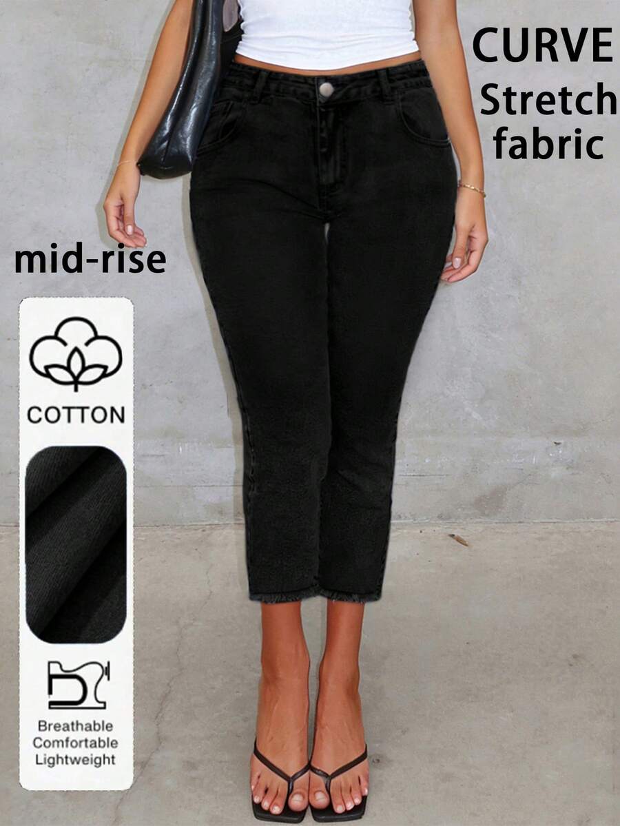 大码女式新款弹力腰带简约七分牛仔裤，百搭休闲 - 黑色 - 查看 1