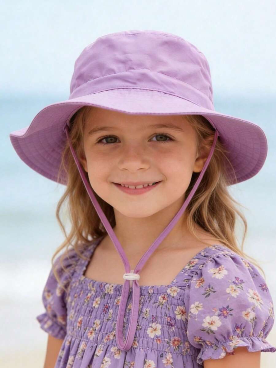 1顶儿童薰衣草色遮阳帽 - 可调节宽檐沙滩帽，带下巴系带，防紫外线夏季帽，适合0-8岁女孩