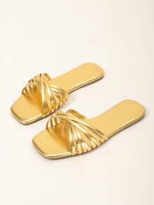 Dép lê quai vàng mới cho nữ mùa hè, dép bít mũi vuông, sandal đế bằng. - Vàng - Xem 10