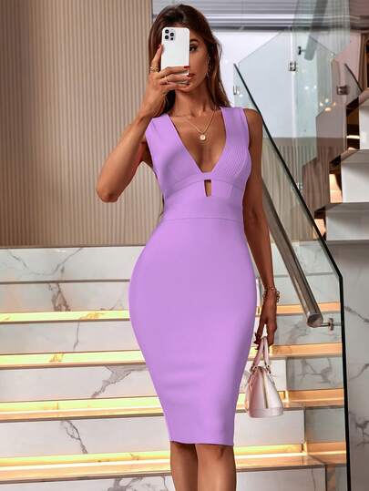 Summer V Neck Halter Midi Bodycon Ribbed Bandage Dress Sexy Bandage Dress Elegant Purple Night Out Evening Cocktail Party Dress For Women.