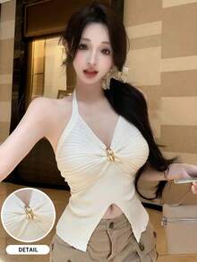 2026 Spring/Summer New Sexy Metal Buckle Twist Halter Neck Knit Camisole Top, Slim Fit Revealing Slit Casual Versatile Layering Undershirt For Girls & Young Ladies - Apricot - View 6