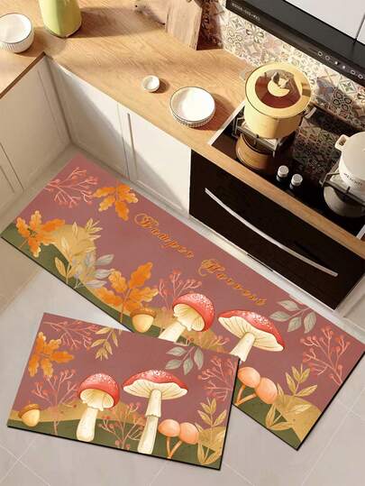 1pc Silicone Mud Kitchen Mat, Featuring Mushrooms, Acorns, And Autumn Leaves In Beige, Red, And Green Tones, With "Bumper Harvest" Text, Presenting A Rustic Countryside Harvest Vibe. Luxurious And Fashionable Kitchen Mat, Cushioned Anti-Fatigue Design, Surface Fabric Material, Middle Sponge Absorbent Material, Bottom Rubber Material, Easy-Clean Kitchen Rug