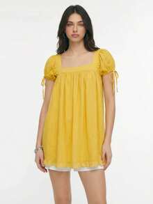 Short Sleeve Maternity Dress For Women Square Neck A-Line Mini Ruffled Dresses For Daily Shopping Office Travel - 淺黃 - 查看 3