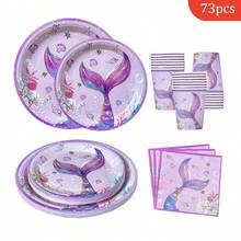 Bộ đồ dùng tiệc dùng một lần hình đuôi nàng tiên cá màu tím gồm đĩa, khăn ăn và cốc, dành cho 16 khách, phù hợp cho sinh nhật, đám cưới, tiệc theo chủ đề, dã ngoại gia đình. - Xem 1
