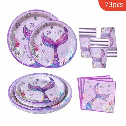 Bộ đồ dùng tiệc dùng một lần hình đuôi nàng tiên cá màu tím gồm đĩa, khăn ăn và cốc, dành cho 16 khách, phù hợp cho sinh nhật, đám cưới, tiệc theo chủ đề, dã ngoại gia đình.