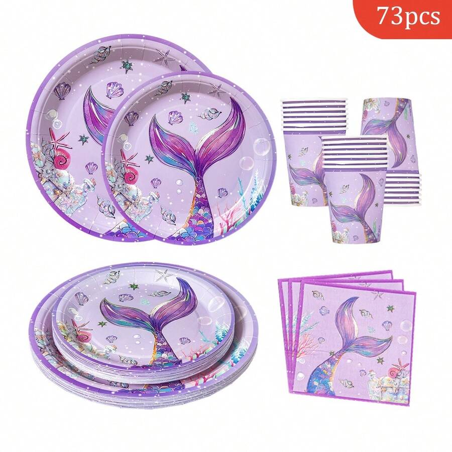 Bộ đồ dùng tiệc dùng một lần hình đuôi nàng tiên cá màu tím gồm đĩa, khăn ăn và cốc, dành cho 16 khách, phù hợp cho sinh nhật, đám cưới, tiệc theo chủ đề, dã ngoại gia đình. - Xem 1