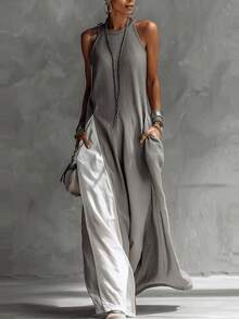 Elegant Boho Maxi Dress For Women Sleeveless Straps With Pockets In Flowy Long Fabric - Xám - Xem 7