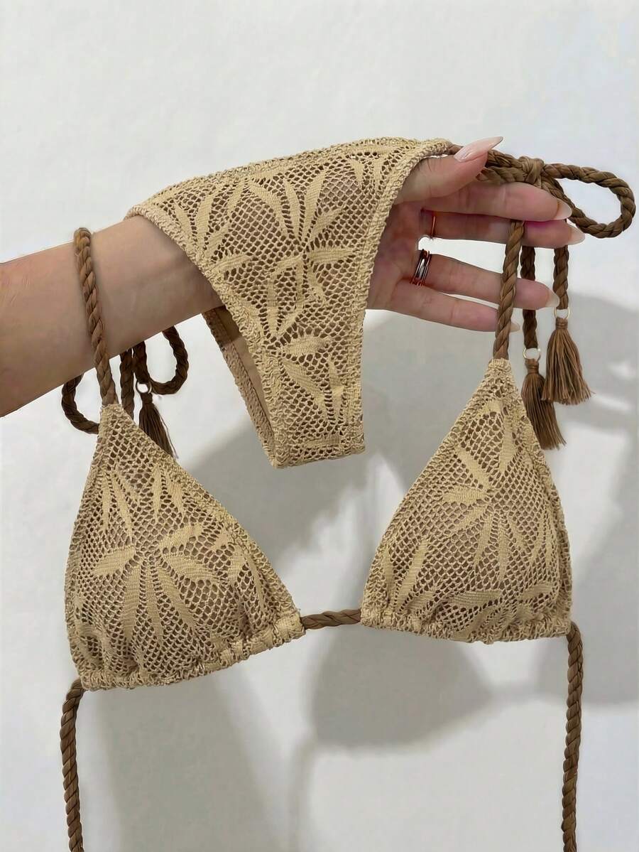 Bikinx Bộ bikini nữ màu nâu, chất liệu lưới họa tiết lá cây phong cách Bohemian, kiểu dáng hở lưng, thắt dây ren, co giãn tốt, có dây buộc bên hông, thích hợp cho kỳ nghỉ hè trên bãi biển. - màu nâu - Xem 1