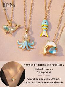 Hihho 1件装时尚海洋主题吊坠项链，青春百搭，适合日常佩戴，沙滩风饰品，4种款式可选 - 金黃色 - 查看 1