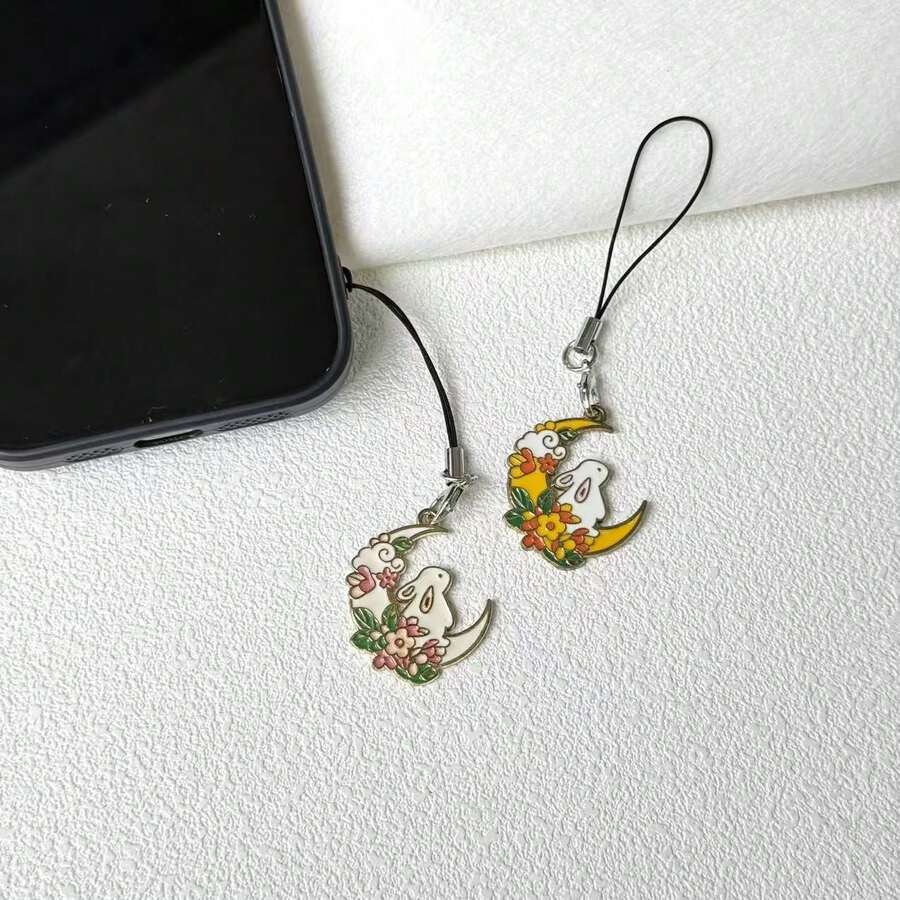 1/2个可爱月兔造型手机挂件，简约优雅精致吊坠，适用于智能手机、U盘等。