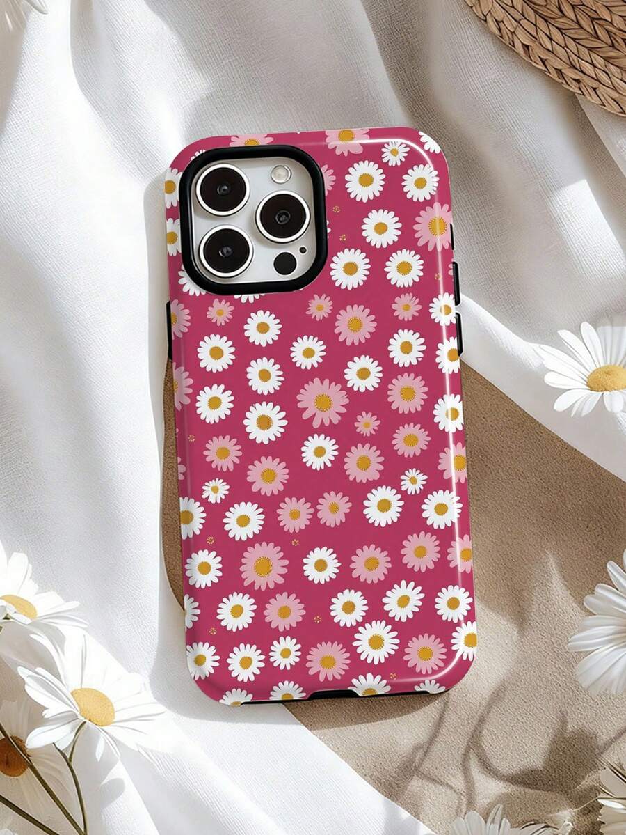 1pc Retro Daisy Pattern Glossy 2-In-1 Filmic Phone Case, Compatible With Samsung/ Compatible With IPhone 11/12/13/14/15/16/17 Pro Max - Multicolor - View 1