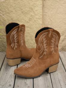 Women's Fashion Versatile New Slip-On Embroidered Wedge Heel Boots - Brown - View 5