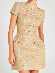 Elegant Women's Gold Woven Fabric Formal Dress With Short Sleeves And Pearl Button Detail Stand Collar Mini Dress - 卡其色 - 查看 1