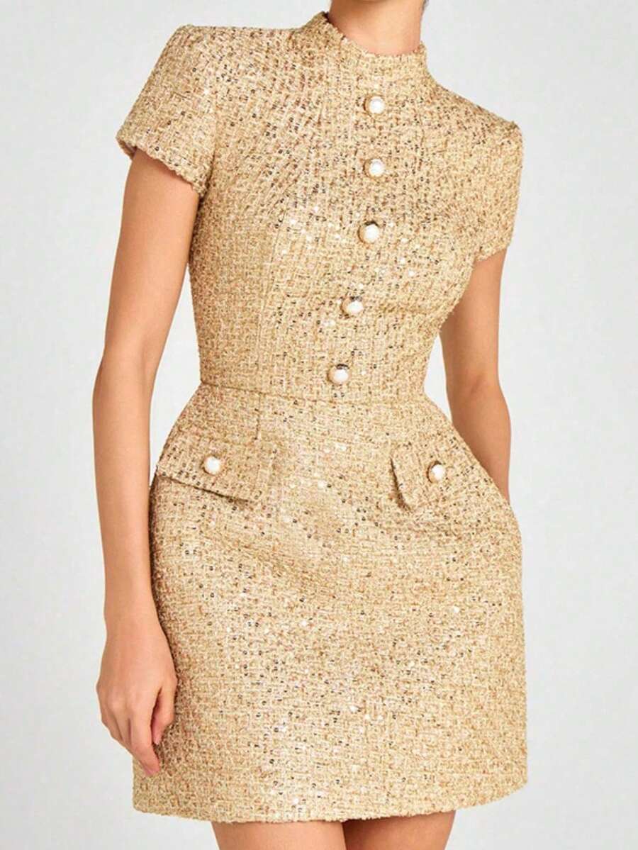 Elegant Women's Gold Woven Fabric Formal Dress With Short Sleeves And Pearl Button Detail Stand Collar Mini Dress - 卡其色 - 查看 1