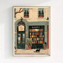 1 pieza, Arte plano 2D, Póster retro, Impresión de pintura al óleo de librería acogedora, Pintura en lienzo de gato negro de librería callejera, Decoración de pared única y creativa, Decoración perfecta para sala de estar y dormitorio, Sin marco - G - Ver 5
