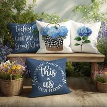 4pcs Vintage Blue Hydrangea Home Throw Pillow Covers, Single-Sided Printed Peach Velvet, 45*45CM/18*18inch Cushion Covers Suitable For Modern Minimalist Sofa Living Room Decor, Gift, Party Decoration - Multicolor - View 5