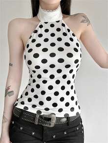 Áo tank top cổ yếm chấm bi Kliou mùa hè phong cách Y2K dành cho nữ, kiểu dáng gợi cảm, hở lưng, không tay, thích hợp mặc đi biển hoặc đi club. - màu đen - Xem 10