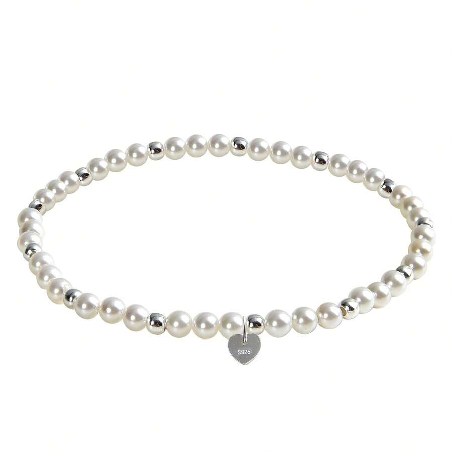 1条925纯银4毫米白色珍珠弹力手链 - 白色 - 查看 1
