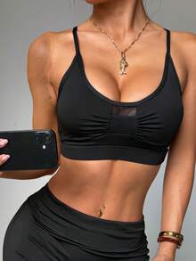 Soutien-gorge de sport en tricot à bretelles réglables, avec rembourrage amovible et patchwork en maille, de couleur unie pour femmes - Noir - Voir 4