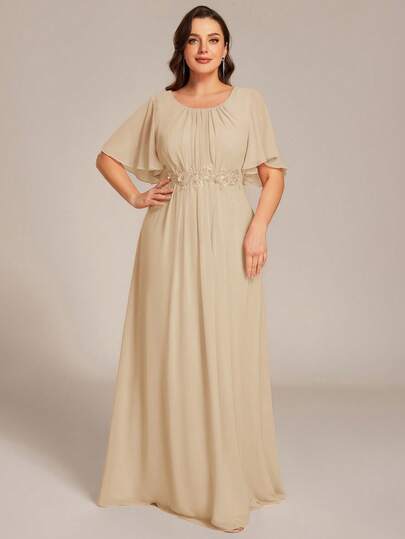 Plus Short Sleeves Chiffon Appliques Long Bridesmaid Formal Dresses For Wedding