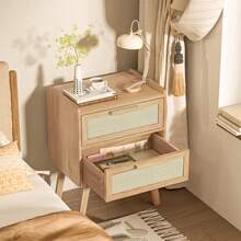 Rattan Nightstands Set Of 2, Night Stand With 2 Drawers, Cane Accent Side End Table, Bedside Table With Solid Wood Legs For Bedroom, Dorm And Small Spaces (Natural) - 木頭 - 查看 6