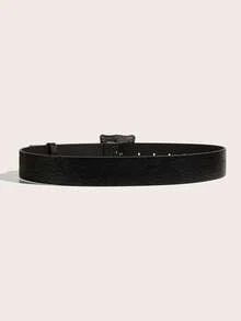 1pc Women's Retro Silver Square Buckle Printed Black Waist Belt, Suitable For Dresses And Coats - Black - View 3