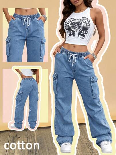 Pantalones de carga de mezclilla con cintura elástica y cordón